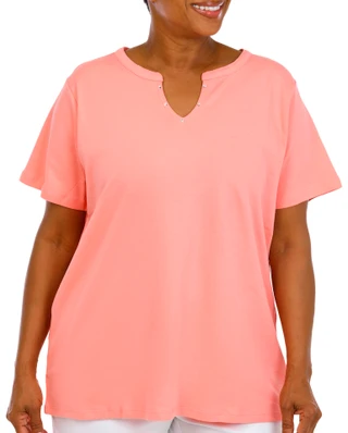 Thumbnail 1: Coral Bay Women's Plus Split Neckline Rhinestone Short Sleeve Top 