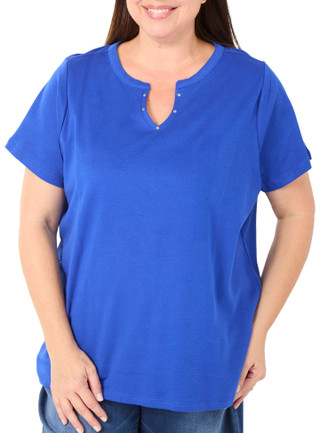 Thumbnail 1: Coral Bay Women's Plus Split Neckline Rhinestone Short Sleeve Top 