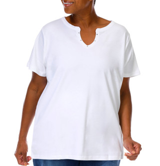Thumbnail 1: Coral Bay Women's Plus Split Neckline Rhinestone Short Sleeve Top 