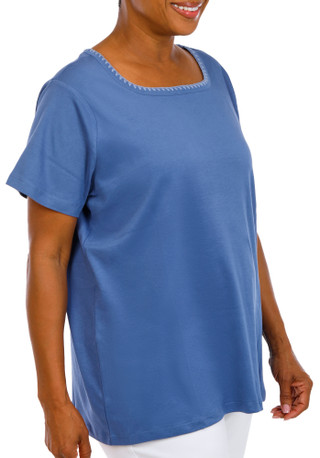 Thumbnail 2: Coral Bay Women's Plus Square Neckline Lace Trim Short Sleeve Top 