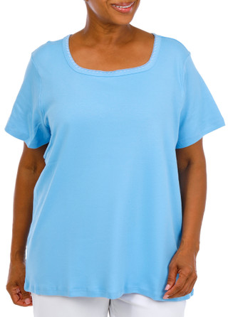 Thumbnail 1: Coral Bay Women's Plus Square Neckline Lace Trim Short Sleeve Top 