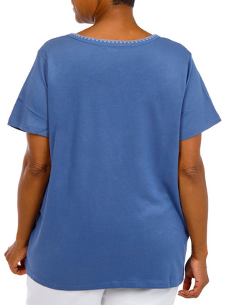 Thumbnail 4: Coral Bay Women's Plus Square Neckline Lace Trim Short Sleeve Top 