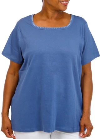 Thumbnail 1: Coral Bay Women's Plus Square Neckline Lace Trim Short Sleeve Top 