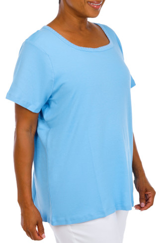 Thumbnail 4: Coral Bay Women's Plus Square Neckline Lace Trim Short Sleeve Top 