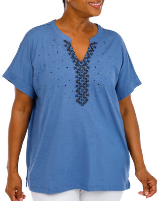 Thumbnail 1: Coral Bay Women's Plus Split Neckline Embroidered Short Sleeve Top 