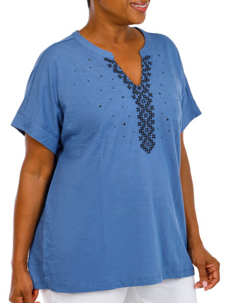 Thumbnail 4: Coral Bay Women's Plus Split Neckline Embroidered Short Sleeve Top 