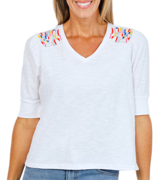 Thumbnail 1: Coral Bay Women's Petite Embroidered Short Sleeve Top 