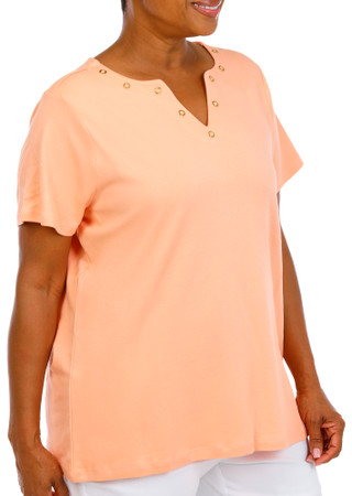 Thumbnail 2: Coral Bay Women's Plus V-Neckline Grommets Short Sleeve Top 