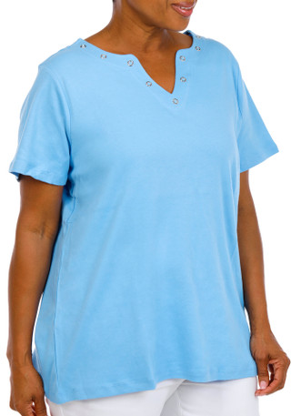 Thumbnail 2: Coral Bay Women's Plus V-Neckline Grommets Short Sleeve Top 