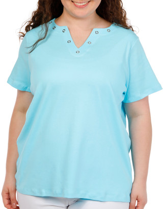 Thumbnail 1: Coral Bay Women's Plus V-Neckline Grommets Short Sleeve Top 