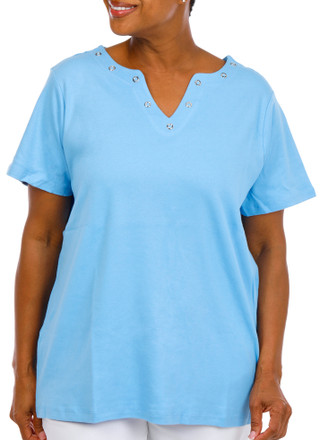 Thumbnail 1: Coral Bay Women's Plus V-Neckline Grommets Short Sleeve Top 