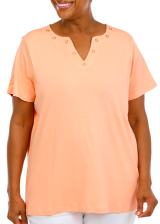 Thumbnail 1: Coral Bay Women's Plus V-Neckline Grommets Short Sleeve Top 