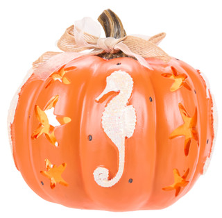 Thumbnail 1: Autumn Gatherings 8 in Heritage Home Lighted Seahorse Pumpkin with Bow 