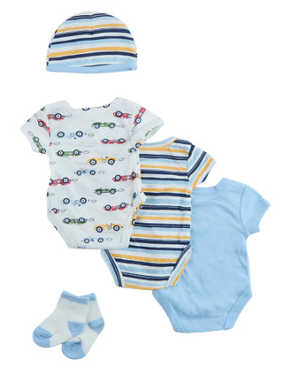 Thumbnail 2: Baby Essentials Baby Boy's 5 Pc Onesies, Hat & Socks Set 