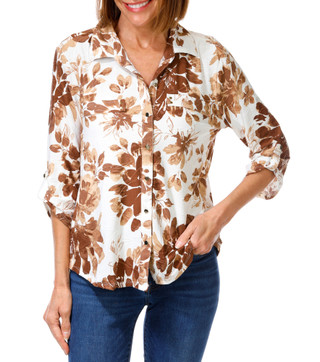 Thumbnail 1: Kate Park Women's Textured 3/4 Sleeve Button Down Print Top 