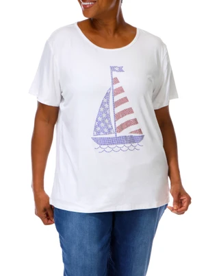 Thumbnail 1: ILU Women's Plus Americana Rhinestone Sailboat Top  