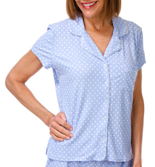 Thumbnail 3: Laura Ashley Women's Short Sleeve Ribbed Polka Dot Pajama Shorts Set 