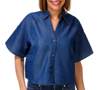 Thumbnail 1: Cavalini Women's Short Sleeve Button Down Chambray Top 