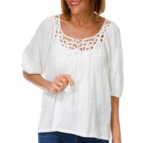 Thumbnail 1: MAX STUDIO Women's Short Sleeve Crochet Yoke Top 