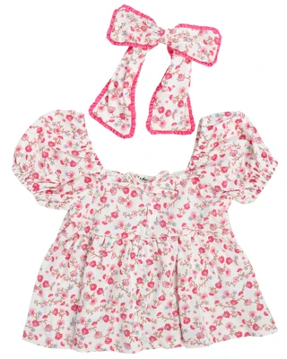 Thumbnail 1: Derek Heart Girl's 2 Pc Puff Sleeve Button Down Top Set 