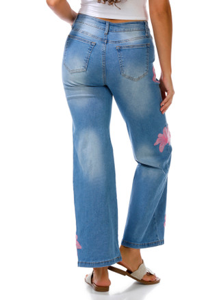Thumbnail 2: SUNKISSED DENIM Juniors Embroidered Hibiscus Wide Leg Jeans 