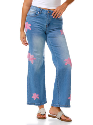 Thumbnail 1: SUNKISSED DENIM Juniors Embroidered Hibiscus Wide Leg Jeans 