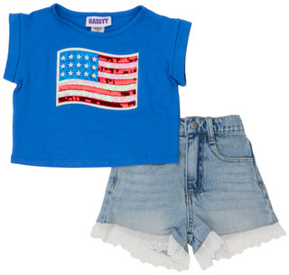Thumbnail 1: Rare Editions Girl's 2 Pc Sequin Flag Lace Short Set 