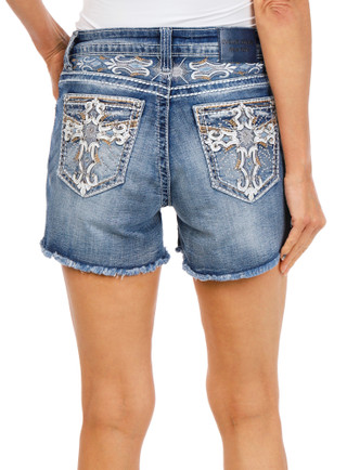 Thumbnail 3: Evolve Denim Juniors Bling Back Frayed Hem Denim Shorts 