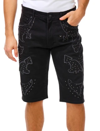 Thumbnail 1: Retro Stitch Men's Cross Stud Denim Shorts  