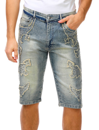Thumbnail 1: Retro Stitch Men's Cross Stud Denim Shorts  