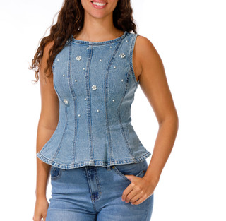 Thumbnail 1: Steve Madden Juniors Denim Peplum Pearl Top  