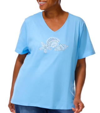 Thumbnail 1: Coral Bay Women's Plus V-Neckline Embellished Short Sleeve Top 