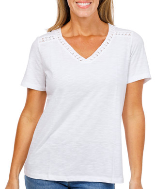 Thumbnail 1: Coral Bay Women's Short Sleeve Crochet Trim V-Neck Top 