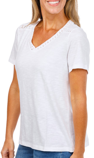 Thumbnail 4: Coral Bay Women's Short Sleeve Crochet Trim V-Neck Top 