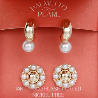 Thumbnail 2: Palmetto & Pearl 2 Pk 14KT Gold Flash Plated Earrings 