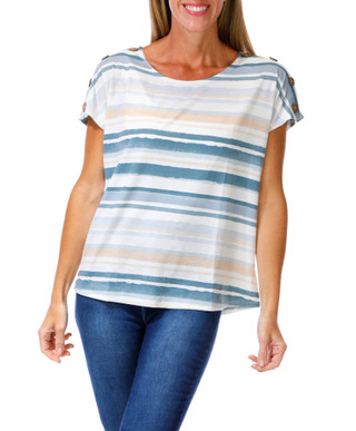 Thumbnail 1: Tru Self Women's Striped Button Shoulder Short Sleeve Top 