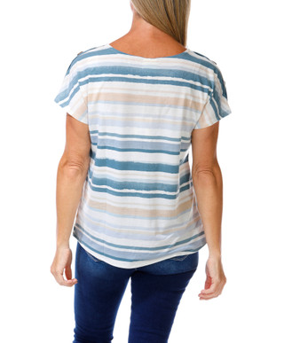 Thumbnail 2: Tru Self Women's Striped Button Shoulder Short Sleeve Top 
