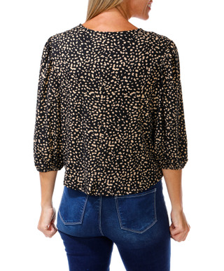 Thumbnail 2: Ava & Grace Women's Petite Button Down Bubble Sleeve Confetti Print Top 