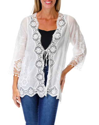Thumbnail 1: Anneliese Women's Petite Crochet & Lace Sheer String Tie Kimono 