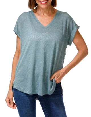 Thumbnail 1: BOBEAU Women's Heathered V-Neck Pleat Back Cuffed Sleeve Top 