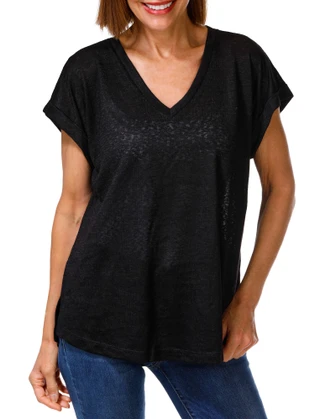 Thumbnail 1: BOBEAU Women's Heathered V-Neck Pleat Back Cuffed Sleeve Top 