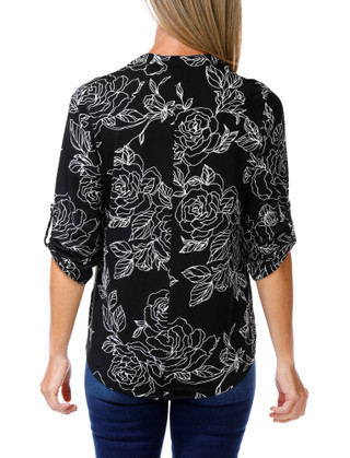 Thumbnail 2: Ava & Grace Women's Petite Floral Roll Tab Mandarin Top 
