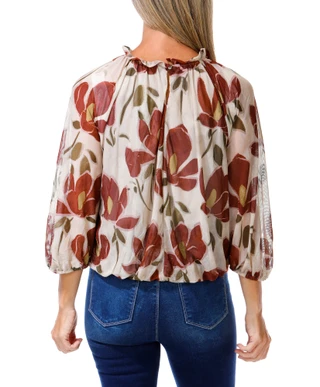 Thumbnail 2: Ava & Grace Women's Sheer Floral Elastic Hem & Cuffs Lined Top 