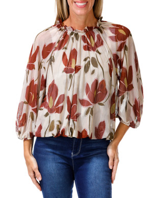 Thumbnail 1: Ava & Grace Women's Sheer Floral Elastic Hem & Cuffs Lined Top 