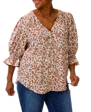 Thumbnail 1: Good Days Only Women's Plus Print Ruffle 3/4 Sleeve V-Neck Top 