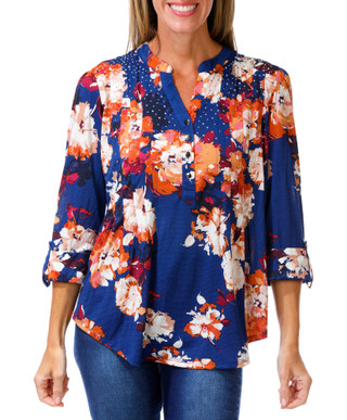 Thumbnail 1: Ava & Grace Women's Floral Rhinestone Roll Tab Sleeve Top 