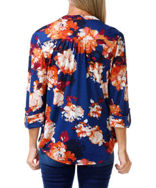 Thumbnail 2: Ava & Grace Women's Floral Rhinestone Roll Tab Sleeve Top 