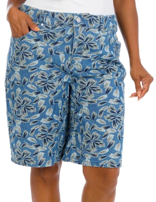 Thumbnail 1: Kate Park Women's Plus Floral Denim Bermuda Shorts  