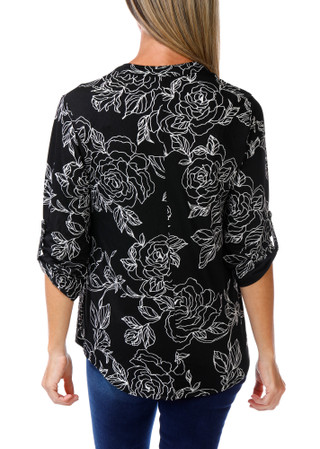 Thumbnail 2: Ava & Grace Women's Floral Roll Tab Mandarin Top 
