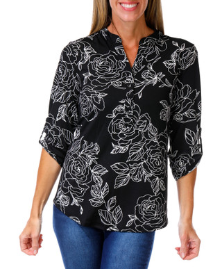 Thumbnail 1: Ava & Grace Women's Floral Roll Tab Mandarin Top 
